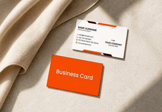 Business Card Mockup on Stone Surface with Fabric and Aesthetic Shadow