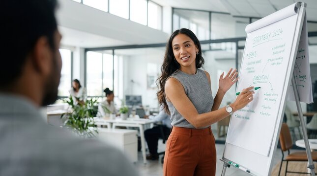 Employee and coach or leader at a workshop with an internship program and motivation, featuring a woman mentor and whiteboard.