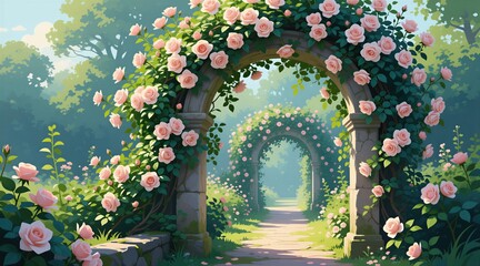 Fototapeta premium Stone archway in garden overflows with pink roses. Path leads through floral arches into tranquil plants. Rich foliage surrounds blooming flowers, creating a peaceful nature scene.
