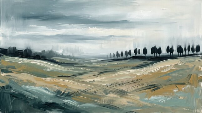 Abstract landscape oil painting, moody rolling hills with cypress trees, expressive brushwork in muted earth tones and grey sky