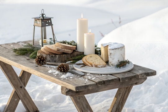 Winter outdoor wooden table setting bread candles lantern snow background