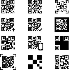 Fototapeta premium QR Code Icon Set, Scan Barcode Digital Vector Icons, Technology Mobile Payment Marketing Business Retail Flat Black Silhouette Glyph Collection for Design