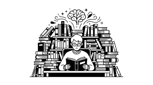 A young student deeply focused on reading a book surrounded by a library of knowledge.