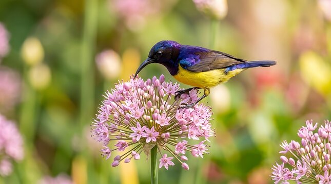 Small sunbird perched on a pink flower in a sunny garden