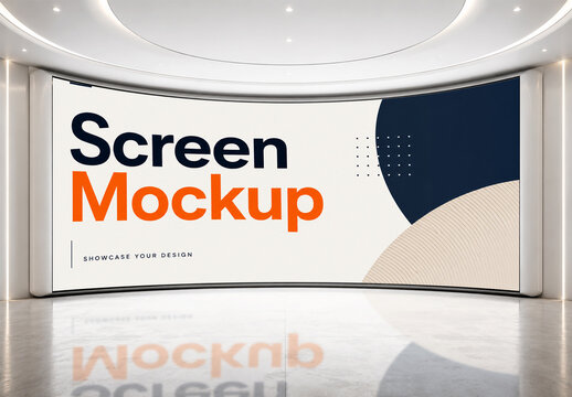 Curved Panoramic Screen Mockup in Modern Minimalist White Interior with Reflective Floor