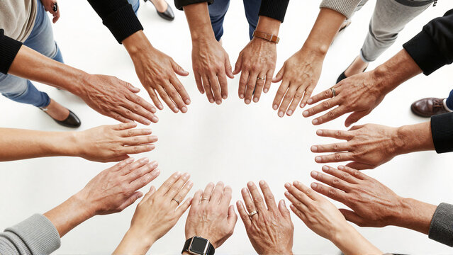 Diverse Team Hands Joined Together in a Circle for Collaboration