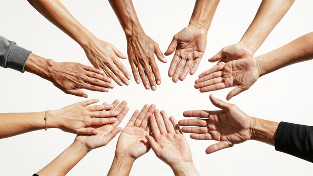 Diverse hands unite in a circle, symbolizing teamwork and community spirit