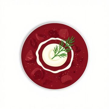Borscht beet soup bowl with sour cream illustration, flat lay food illustration for menu and packaging design