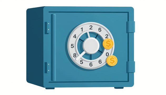 Safe deposit vault door with coins illustration, flat vector business concept illustration on white background