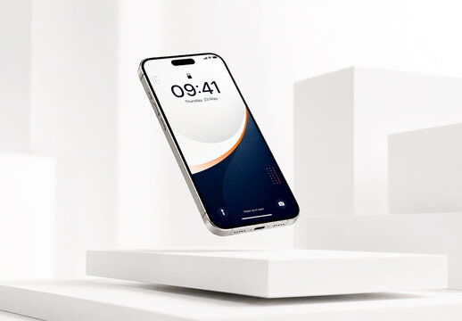 Floating Smartphone Screen Mockup on White Geometric Podium