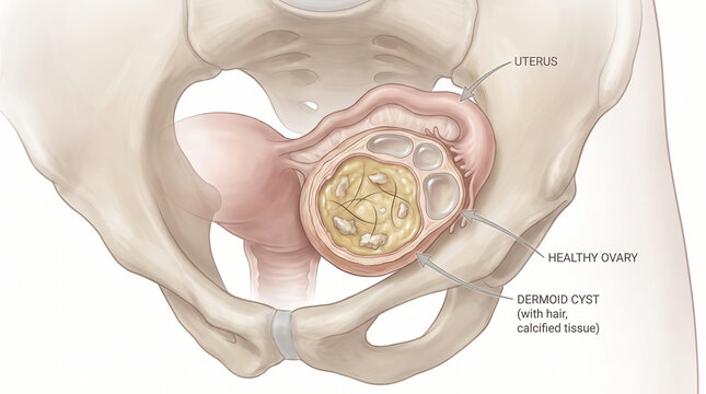 Dermoid Ovarian Cyst in Female Pelvic Anatomy: Cross Section Medical Illustration
