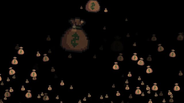 pixel art money bag, 8-bit gold bag, 16-bit coin sack, sack of gold, treasure bag, rich, wealth, bounty, loot, quest reward, gold coins, fortune, currency, bank, financial, profit, casino, prize, arca