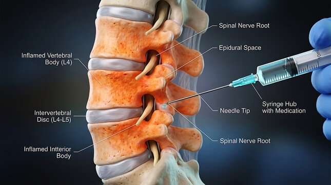 Medical of syringe injecting medication into spinal column
