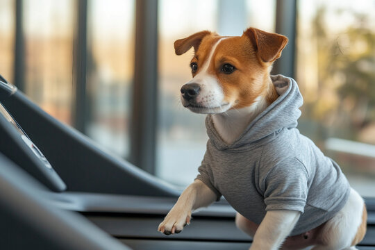 Generative ai image of funny athletic dog in orange hoodie training on treadmill at gym, playful pet lifestyle and animal workout