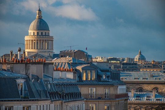 Scenic view of Paris roofs with Pantheon dome at sunset France with copy space