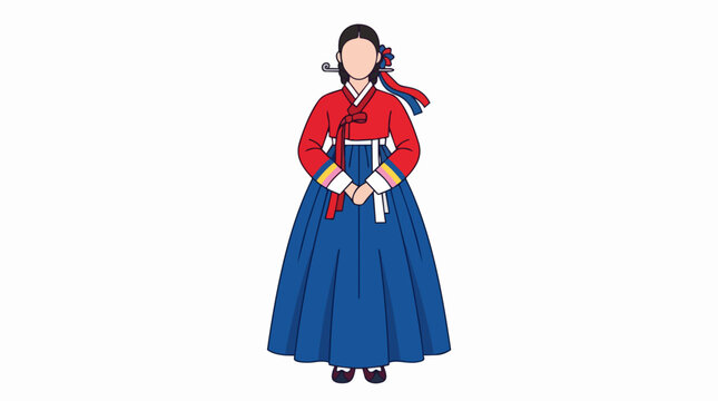 Traditional Korean Woman Wearing Hanbok Red Jeogori and Blue Chima Dress for Liberation Day Celebration Isolated on Whit