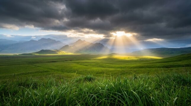 Golden light hits grass fields under a cloudy sky at dawn in a beautiful rural landscape panorama.
