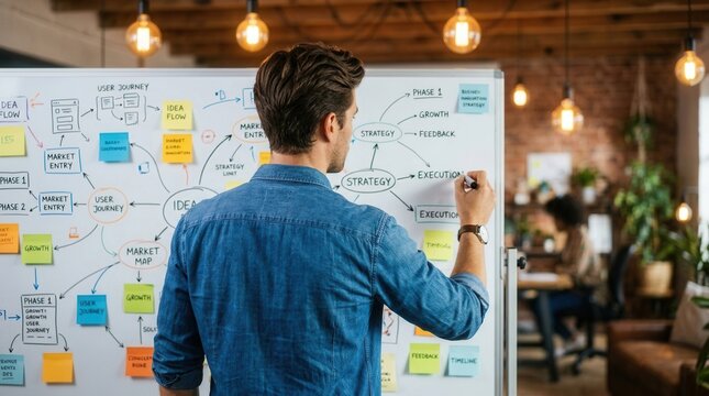 Collaboration and brainstorming session where a man uses a whiteboard for project development and innovation.