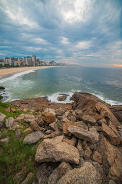 Vertical view of Ipanema beach from Arpoador rock in Rio de Janeiro Brazil with copy space