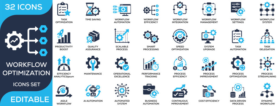 Workflow optimization solid icon set featuring automation, process improvement, efficiency, task management, and business workflow. Flat vector icons for productivity and operations projects.