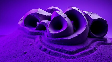Abstract futuristic purple sculpture or cave structure in a surreal landscape.