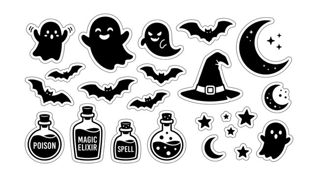 Collection of halloween spooky stickers with ghosts bats and magic potions