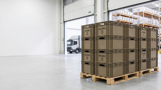 Reusable shipping boxes stacked on wooden pallet inside warehouse with truck moving outside loading dock door