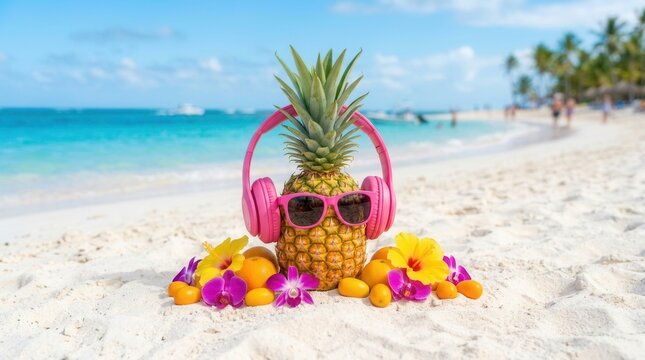 Tropical summer vacation scene featuring a pineapple wearing headphones and sunglasses on a sunny beach.