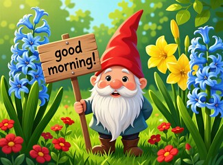 Fototapeta premium Cute garden gnome with red hat, white beard holds wooden sign with good morning text. Cartoon character stands in spring meadow full of blooming blue hyacinth flowers, yellow lilies. Fantasy mascot