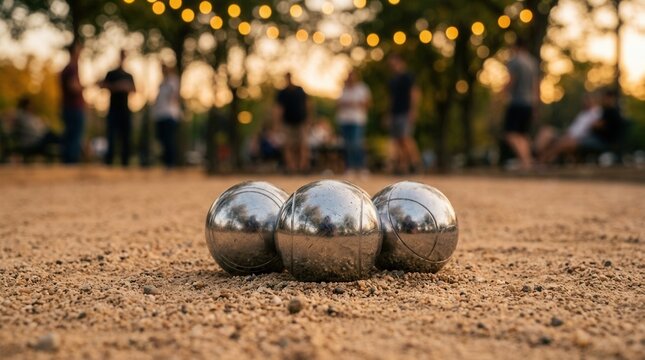 At a park during evening, people play an outdoor bocce game under string lights.