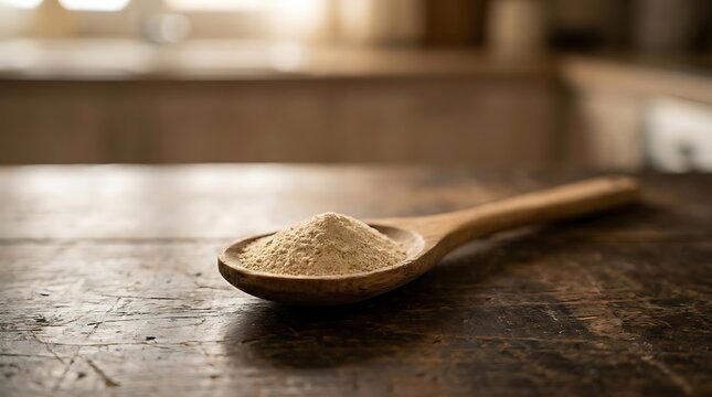 A wooden spoon holding chicken bone calcium powder on a rustic dark wooden table background representing natural health supplementation and nutrition.
