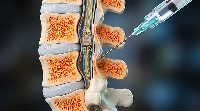 Medical syringe injecting spinal anesthesia into spine model