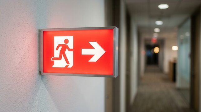 Red illuminated emergency exit sign with running man icon and right arrow mounted on a modern office wall.