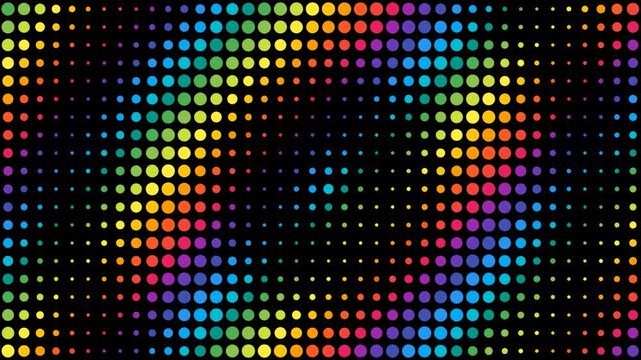 Rainbow polka dot wave pattern animation flowing across dark background rhythmic colorful circles moving in seamless loop motion graphic design.