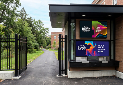 Outdoor ticket booth or entrance kiosk with screen mockup