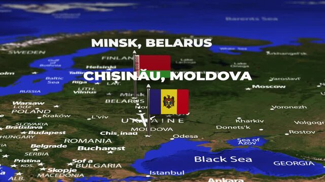 Flight From Minsk BELARUS to Chisinau MOLDOVA with flag pins