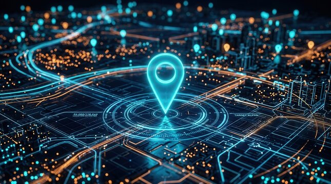 Digital map visualizing global network connections and glowing city routes with a futuristic navigation system and pinpoint location marker.