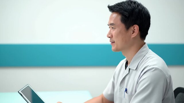 Asian Healthcare Professional Using Tablet in Modern Hospital