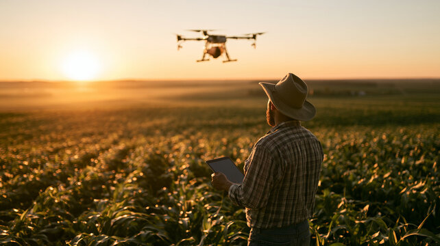 Drone farmer field agriculture crop sunset tablet technology food security farmer using tablet while monitoring drone over crop field facing food security challenges