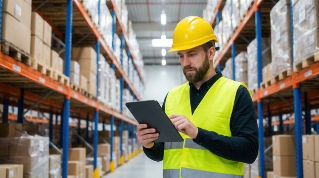 Logistics supplier reviewing a delivery report on a tech device for inventory management at a warehouse.