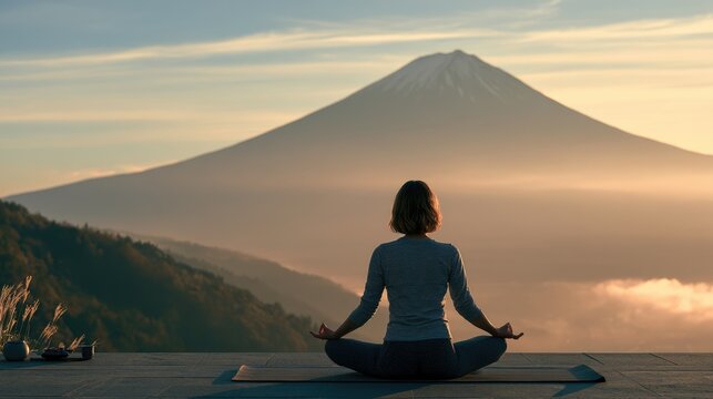 woman in meditation pose looking at Mount Fuji view, mindfulness and wellness concept.
