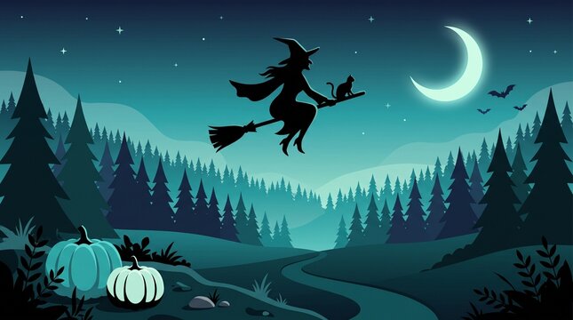 Silhouette of a witch on a broom flies over a dark forest landscape