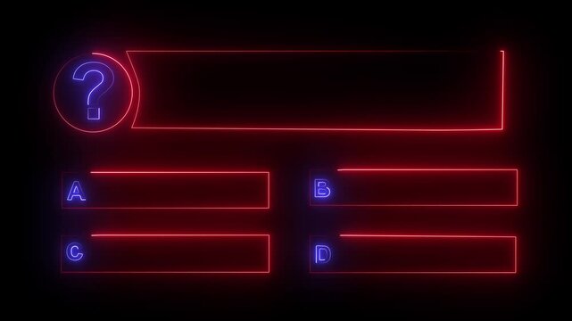 Quiz show template glowing with neon blue and red lights featuring a large question mark symbol in a circular frame alongside multiple choice option boxes labeled abc and d for interactive games.