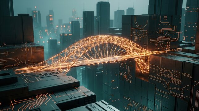Glowing orange light on a digital bridge connecting city blocks in a futuristic urban landscape.