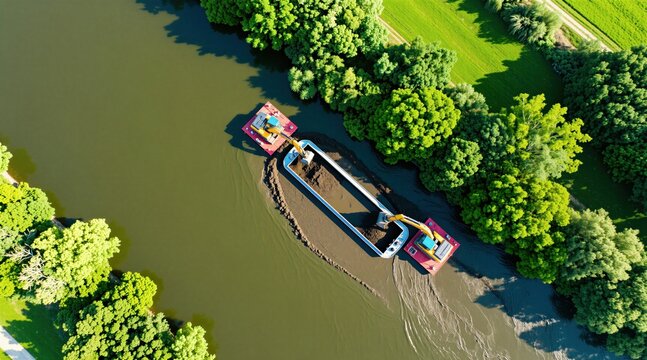 Aerial top view of river dredging process with yellow excavators on floating barges. Machines remove mud, sediment from waterway bed to improve water flow. Green trees line riverbanks during