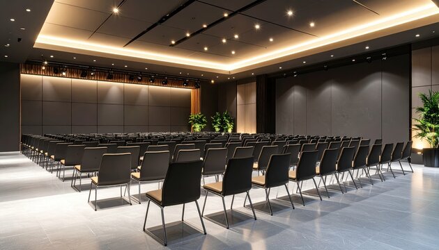 Modern Conference Room Set for an Engaging Presentation with Neat Rows of Chairs and Ambient Lighting