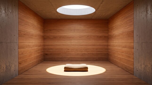 Minimalist wooden meditation room interior with skylight spotlighting a seat cushion. Modern zen spa sanctuary concept