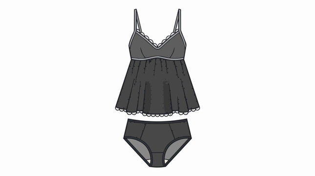Two Piece Women Lingerie Sleepwear Set with Lace Trim Babydoll Camisole and Panty Technical Fashion Flat Sketch Mockup