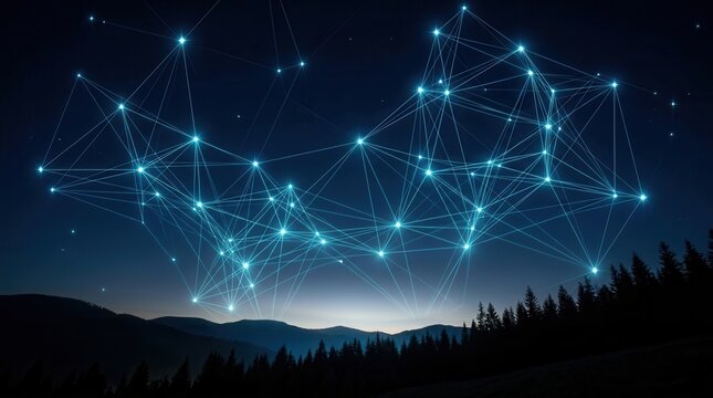 Futuristic digital map connecting stars for science and cosmic exploration over a dark forest landscape.