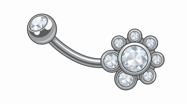 Elegant Silver Curved Barbell Navel Piercing Jewelry with Flower Shaped Diamond Crystal Gemstones on White Background